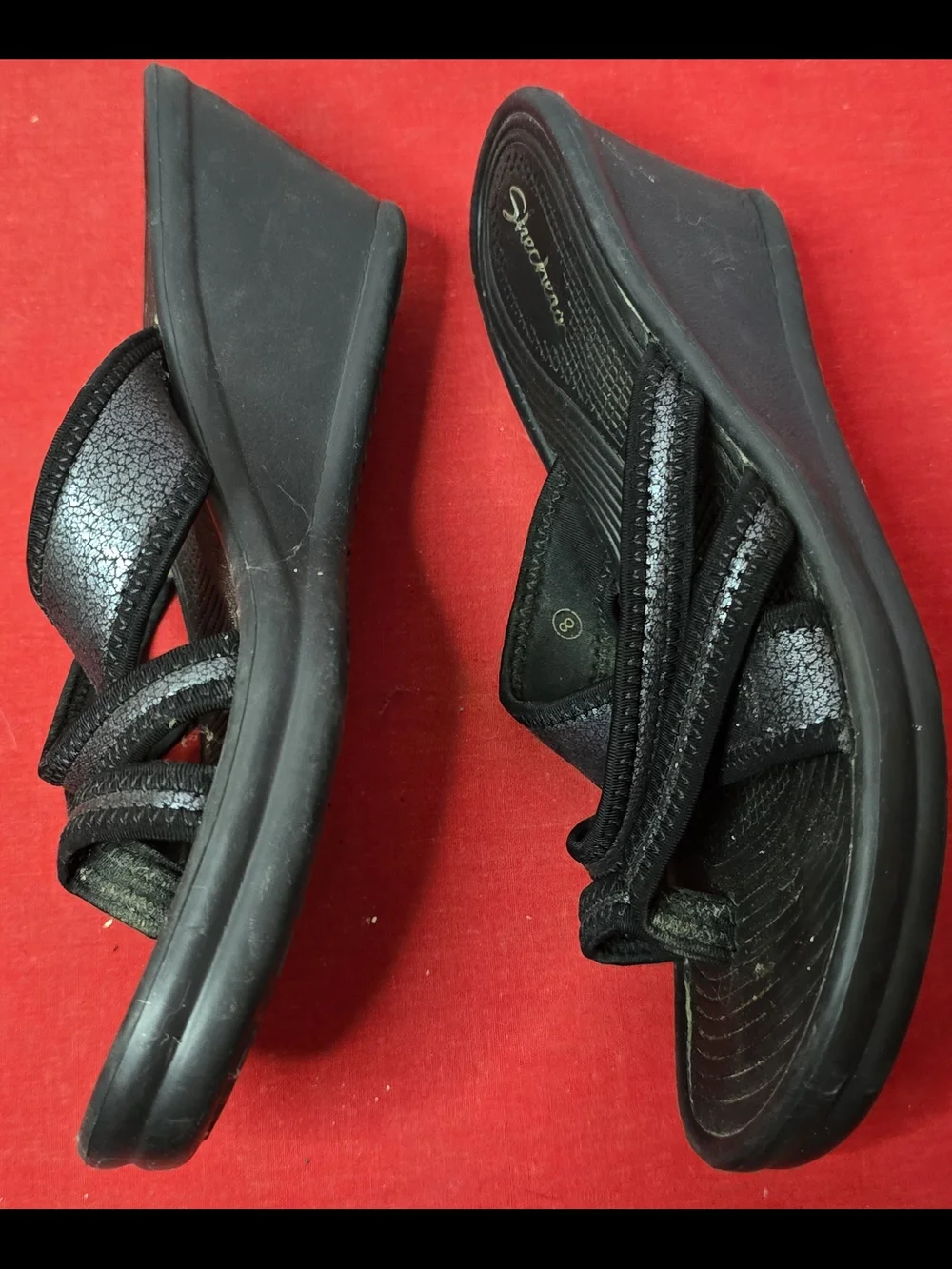Skechers Women's Black Thong Wedge Sandals Comfort Slides Size 8